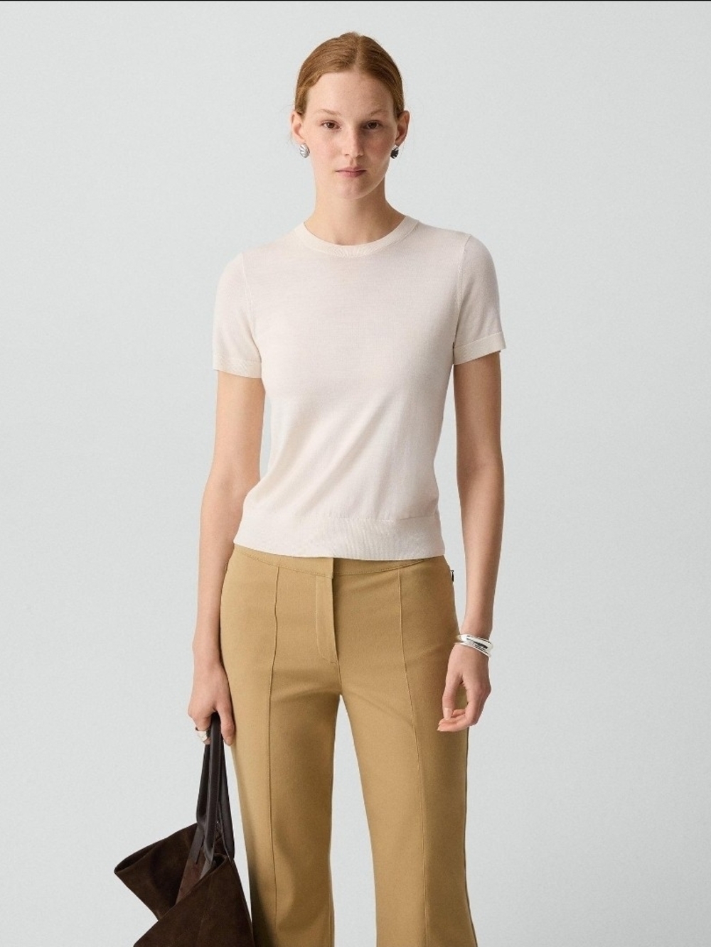 Theory 100% Merino Wool Short Sleeve Tee Ivory Cream Size S